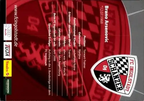 Autogrammkarte Towart Trainer Brano Arsenovic, FC Ingolstadt, Autogramm