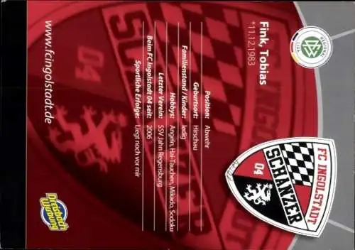 Autogrammkarte Fußballer Tobias Fink, FC Ingolstadt, Autogramm