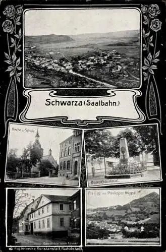 Ak Schwarza Saalbahn Rudolstadt, Kirche, Schule, Bismarckdenkmal, Preilipp Preilipper Kuppe, Gasthof