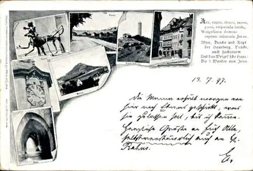 Ak Jena in Thüringen, Sieben Wunder, Altar, Drache und Kopf der Hausberg, Brücke, Fuchsturm
