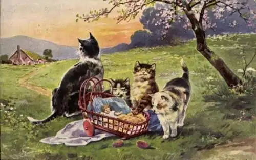 Ak Katzen machen Picknick, Beschädigter Puppenwagen, Puppe