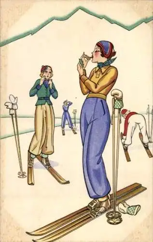Ak Skifahrt, junge Frauen, Kitsch