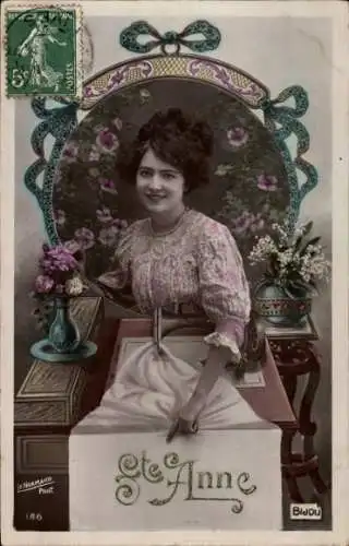 Ak Frohes Neujahr, Frau mit Nähmaschine