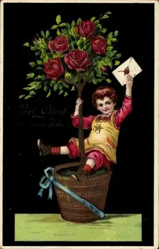 Ak Glückwunsch Neujahr, Junge mit Rosenstrauch
