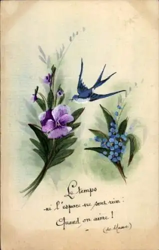 Künstler Ak Schwalbe zwischen Blumensträußen