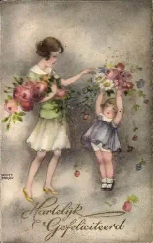 Ak Herzlichen Glückwunsch, Frau mit Kind und Blumen