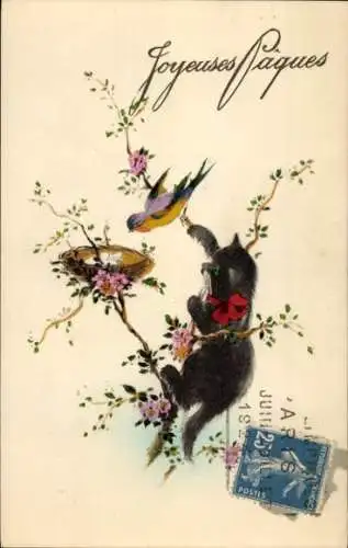 Ak Osterfreude, Katze jagt Vogel, Nest