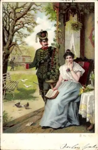 Litho Frau liest ein Buch, Soldat in Uniform, Liebespaar