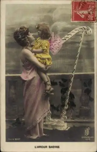 Ak Mutter mit Tochter, Harfe