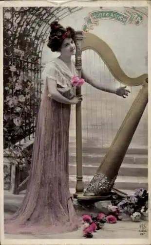 Ak Dame mit Harfe, coloriert