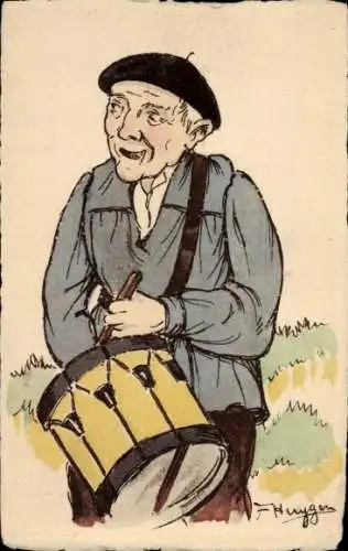 Künstler Ak Mann mit Baskenmütze und Trommel