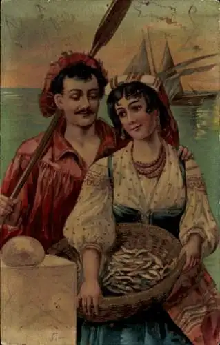 Präge Litho Fischerpaar in Tracht