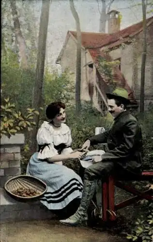 Ak Liebespaar, Frau in Tracht, Jäger