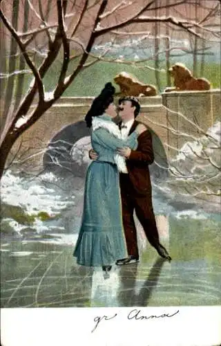 Litho Liebespaar beim Eislaufen auf dem See