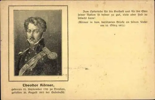 Ak Dichter Theodor Körner, Portrait