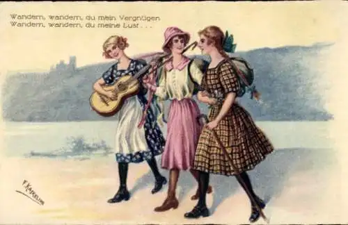 Künstler Ak Kaskeline, drei Frauen, Wandern, wandern, du mein Vergnügen
