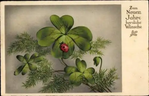 Ak Neujahrswünsche, Kleeblatt mit Marienkäfer.