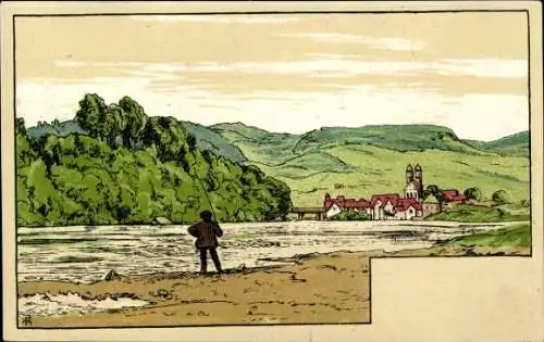 Künstler Ak Thoma, H., Landschaft, Deutsches Malbuch, Mann am Fluss, Angelrute
