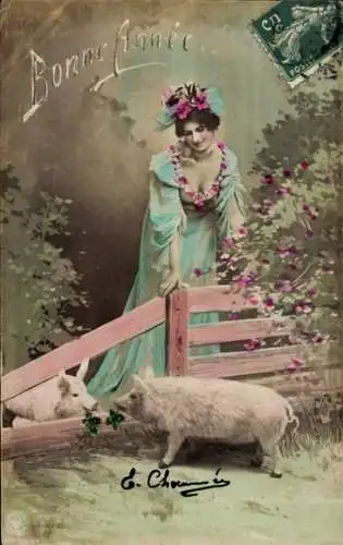 Ak Glückwunsch Neujahr, Frau, Schweine