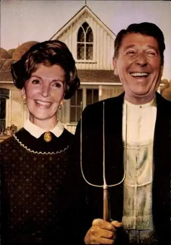 Ak Schauspieler Nancy Reagan und Ronald Reagan, American Gothic