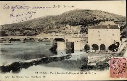 Ak Cahors Lot, Historische Brücke Pont Louis-Philippe, Mont St-Cyr, Wasserweg, Architektur