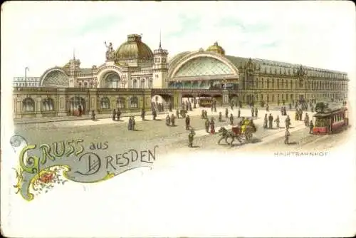 Litho Dresden Altstadt Seevorstadt, Hauptbahnhof, Straßenbahn