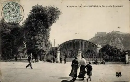 Ak Cherbourg en Cotentin Manche, Bahnhof, Boulevard, Menschen, Bäume, s Bild
