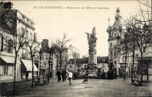 Ak Châteauroux Indre, Monument de 1870, Belvédère, Stadtansicht, Bäume, Menschen, Hund