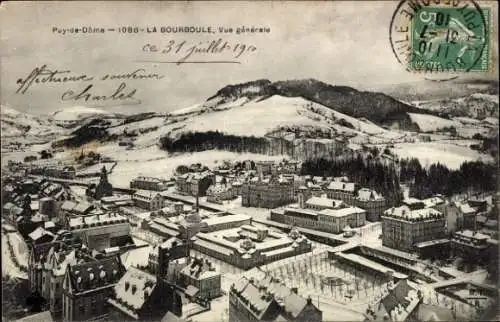 Ak La Bourboule Puy-de-Dôme, Landschaft mit Schnee, Stadtansicht, Berge, 1910