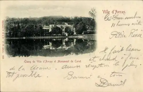 Ak Ville d'Avray Hauts  de Seine, Teich, Monument de Corot