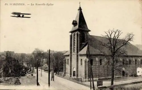 Ak Suresnes Hauts de Seine, La Nouvelle Eglise, Flugzeug im Himmel, Baum, Straßenansicht