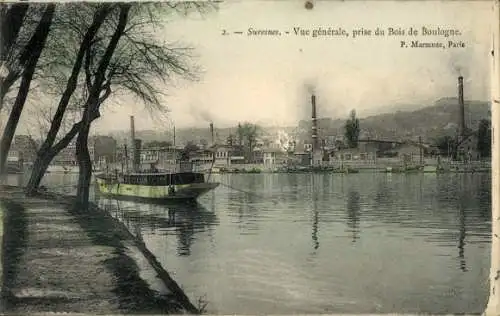Ak Suresnes Hauts de Seine,  Blick vom Bois de Boulogne, Fluss mit Booten, Fabriken im Hintergrun
