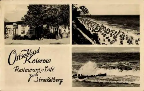 Ak Ostseebad Koserow auf Usedom, Strand, stürmische See, Gaststätte