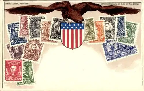 Briefmarken Wappen Ak USA, Amerikanische Fahne, Adler