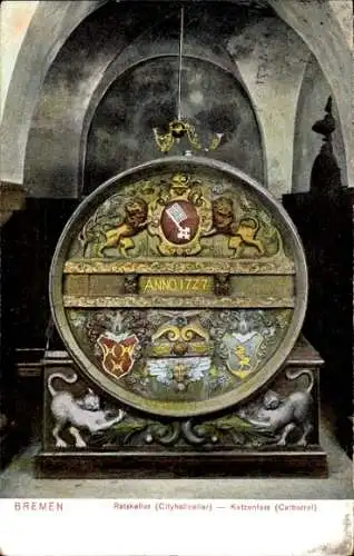 Ak Schnoor Bremen, Katzenfass im Ratskeller, Wappen, bunte Malerei, Historisches