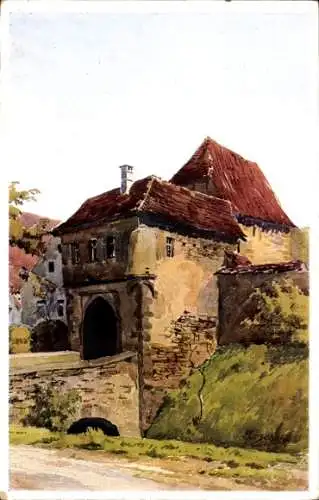 Ak Iphofen in Unterfranken, Historisches Gebäude, Mainbernheimer Tor, Aquarell, grüne Wiese