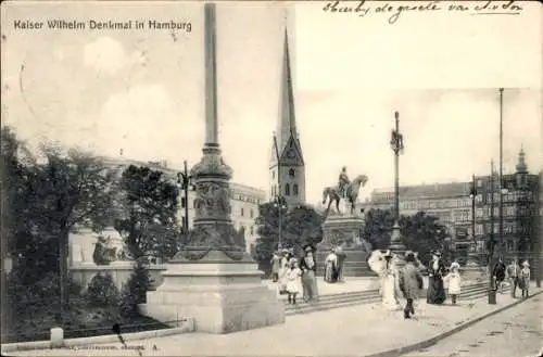 Ak Hamburg Mitte Altstadt, Kaiser Wilhelm Denkmal, Gebäude, Menschen, Reiterstatue, Kirche