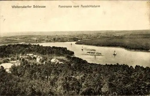 Ak Woltersdorf bei Berlin, Woltersdorfer Schleuse, Panorama vom Aussichtsturm, Flusslandschaft, S