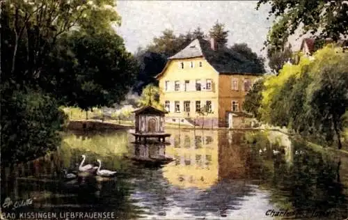Ak Bad Kissingen Unterfranken Bayern, Landschaft mit See, gelbes Haus, Schwäne, Baumlandschaft