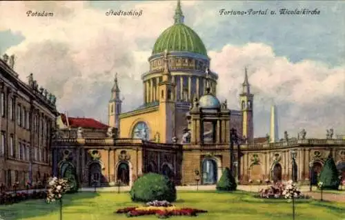 Ak Potsdam Sanssouci, Stadtschloss, Fortuna-Portal, Nicolaikirche, Gartenanlage