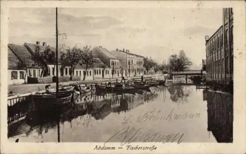 Ak Dąbie Szczecin Altdamm Stettin Pommern,  Fischerstraße, Kanal, Boote,  Architektur