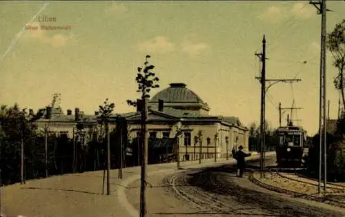 Ak Liepaja Libau Lettland, neue Badeanstalt, Straßenbahn