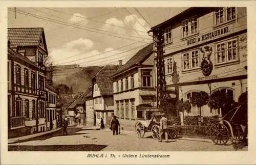 Ak Ruhla in Thüringen, Straße mit Gebäuden, Hotel & Restaurant, Pferdewagen