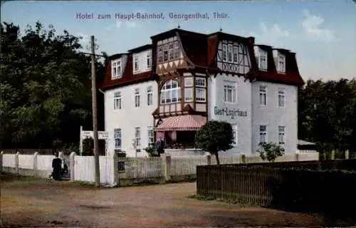 Ak Georgenthal in Thüringen, Hotel zum Haupt-Bahnhof, Gast-Logirhaus, schöne Architektur, Garten