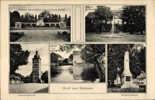 Ak Gebesee in Thüringen, Schloss, Denkmal der gefallenen Helden, Laurentiuskirche, Kriegerdenkmal