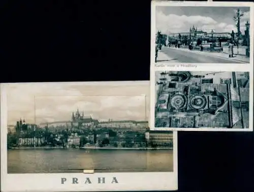 Leporello Ak Praha Prag Tschechien, Gesamtansicht, Karlsbrücke, Rathausuhr