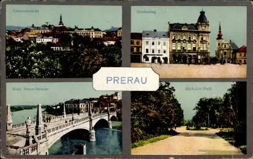 Ak Přerov Prerau Region Olmütz, Gesamtansicht, Neue Beton-Brücke, Niederring, Michalov-Park