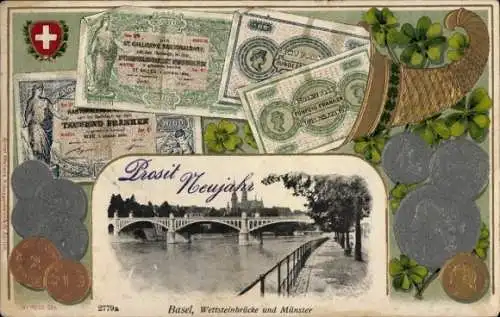Präge Passepartout Ak Basel Stadt Schweiz, Wettsteinbrücke und Münster, Münzen, Neujahr