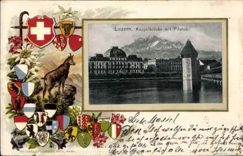 Präge Wappen Passepartout Ak Luzern Stadt Schweiz, Kappelbrücke mit Pilatus