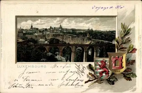Präge Wappen Passepartout Litho Luxemburg, Totalansicht, Viadukt